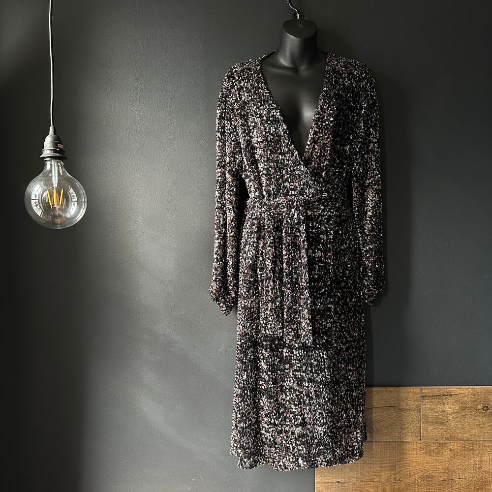 NICOLE FARHI Sequin Belted Wrap Dress Size 4